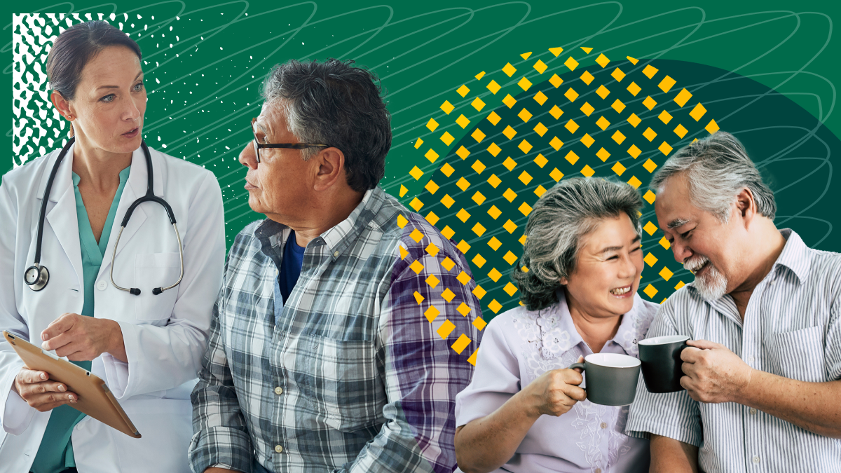 About the Injury Center Composite stock photo of a doctor and a patient and an older couple smiling.