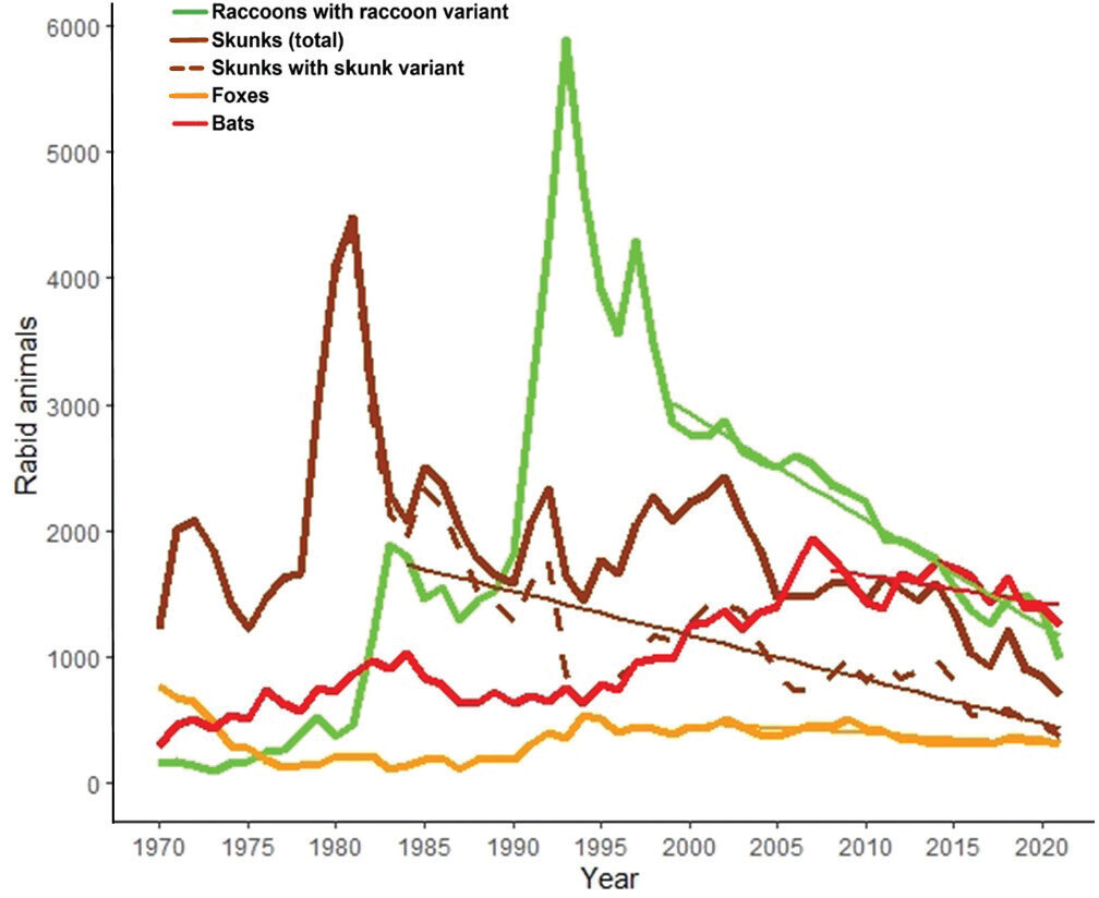 Rabies in the U.S. line chart showing different colors representing rabies numbers in the U.S.