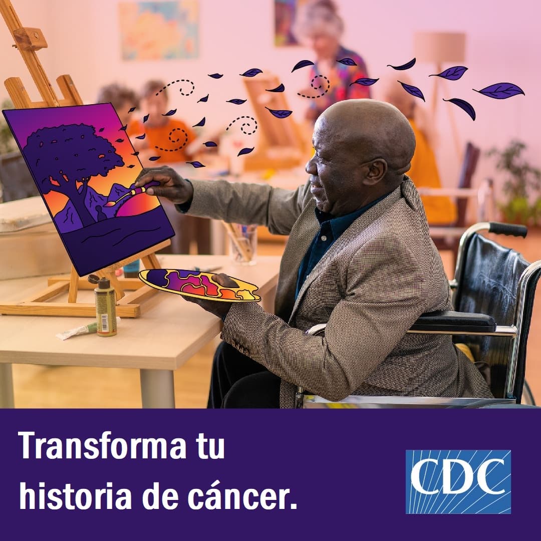 Un hombre mayor pinta en un caballete. El siguiente texto dice Transforma tu historia de cáncer.
